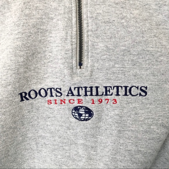 SOLD Vintage 90s Roots Grey Embroidered Quarter Zip Sweatshirt - Picture 4 of 7